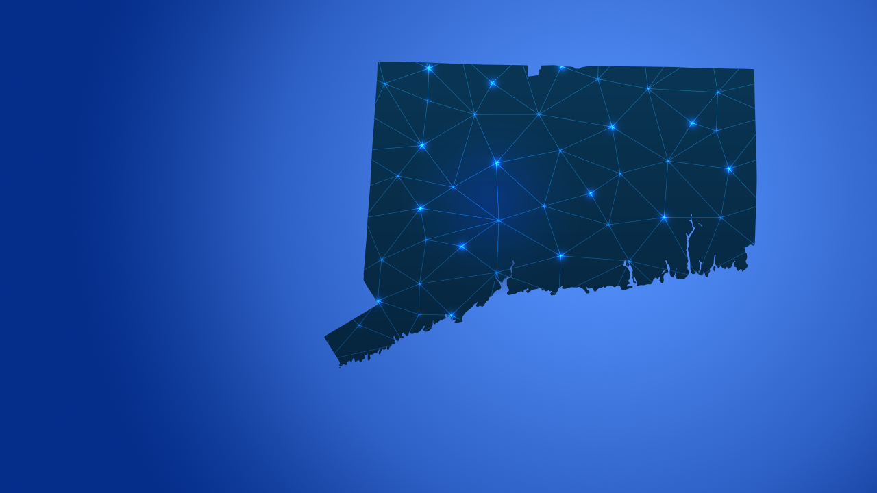 State of Connecticut with lines connecting to the towns