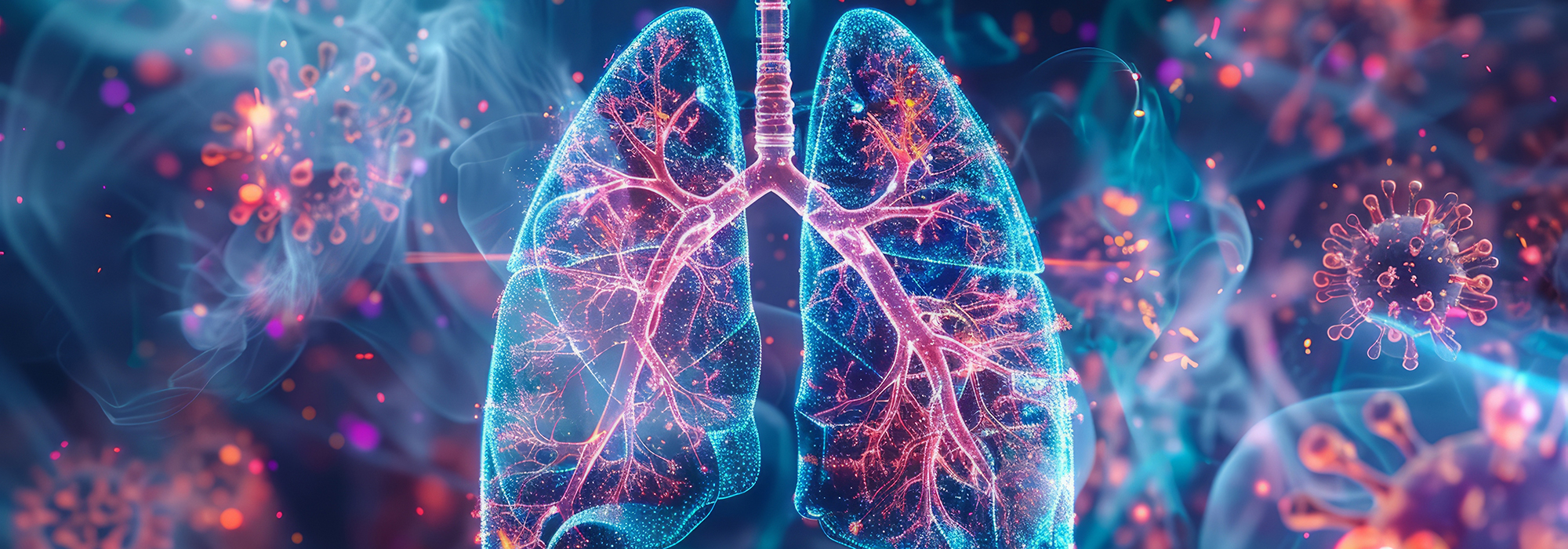 Digital illustration of human lungs with trachea surrounded by virus particles.