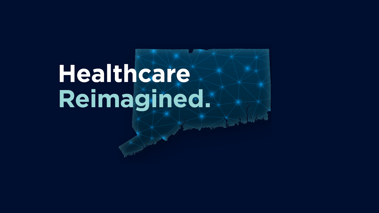 Healthcare Reimagined text over State of Connecticut with lines connecting to the towns