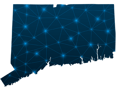 State of Connecticut with lines connecting to the towns