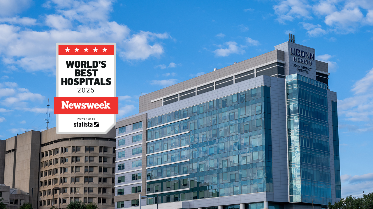 UConn Health building with Newsweek World's Best Hospitals badge