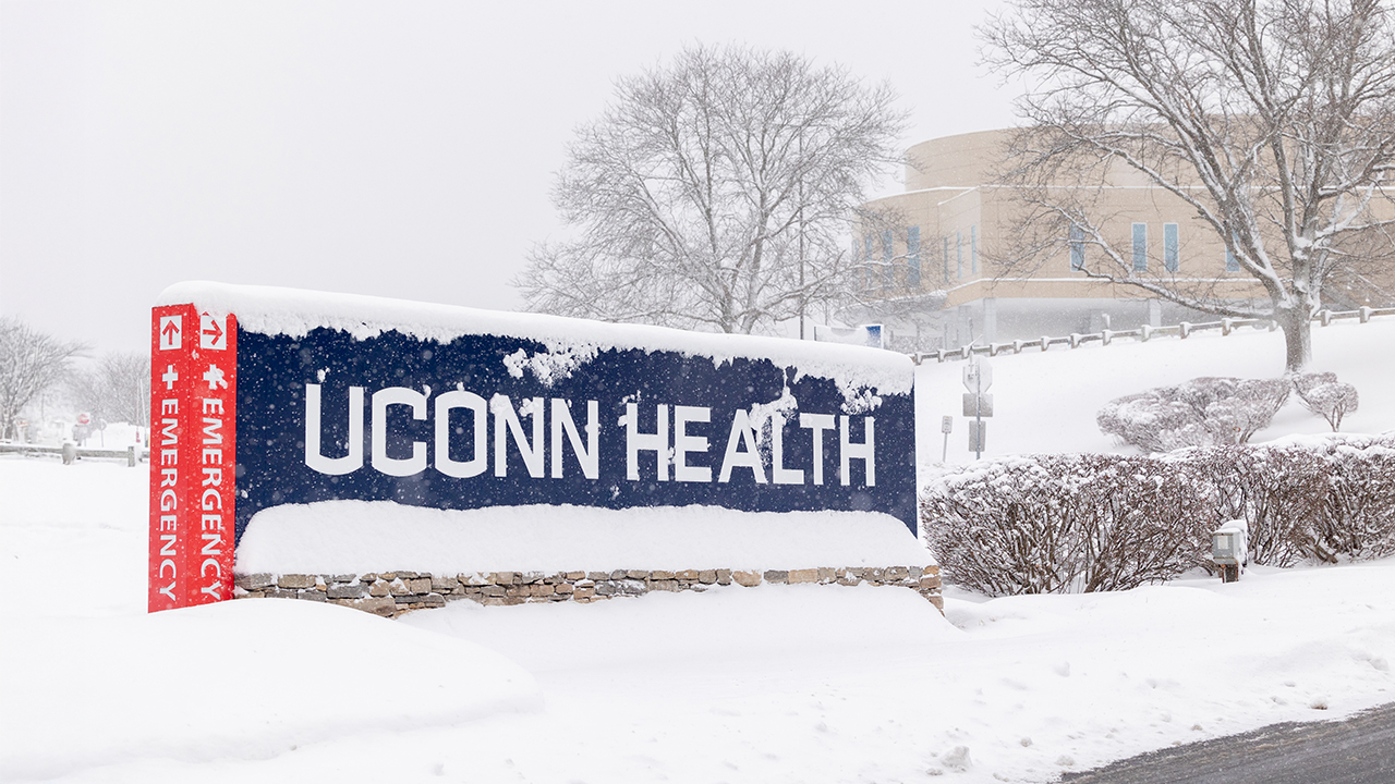 UConn Health entrance sign in the snow
