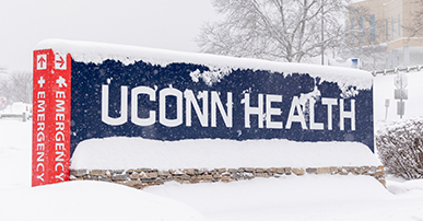UConn Health entrance sign in the snow