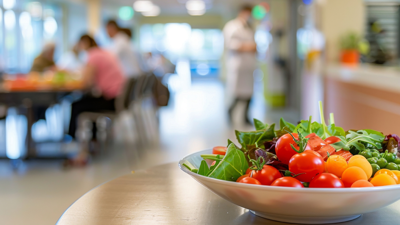 A bowl of vegetable displayed in a cafeteria