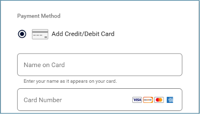 This image shows a “Payment Method” section where the option to add a credit or debit card is selected. Including form fields to enter the name on the card and the card number, along with logos indicating accepted card types like Visa, Mastercard, Discover, and American Express.