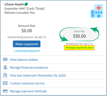 It’s a digital medical billing summary showing the amount due for the payment plan, with an option to make a payment.   The screen displays the next scheduled auto‑payment, options to manage the plan, and links for viewing statements, financial assistance, and payment methods. 