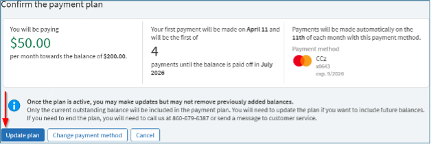 This screen is a confirmation page summarizing a payment plan, stating the amount that will be paid each month toward a  balance, when the first payment is due and when automatic monthly payments will continue to using a saved credit card. At the bottom are action buttons to finalize the plan, change the payment method, or cancel.