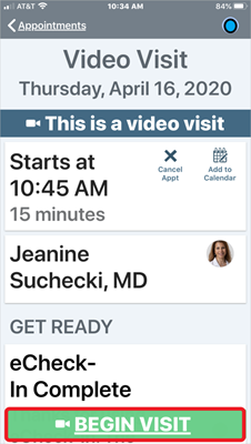 Begin Video Visit screenshot